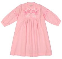 Floral Embroidery Buttons Bodice Shirring Waist Dress Tunic Frock