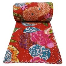 COTTON BEDSPREAD BLANKET THROW COVERLET FLOWER PRINTED RED
