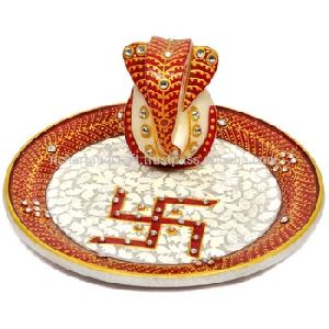 Jaipur Art Craft Gallery Hindu God Puja Ganesha Marble Pooja Thali Plate