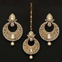 White Color Rhinestone AND Imitation Pearl Maang Tikka With Earring