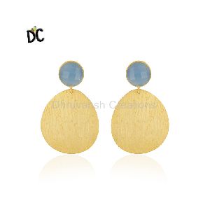 Blue Chalcedony Gemstone Brass Earring
