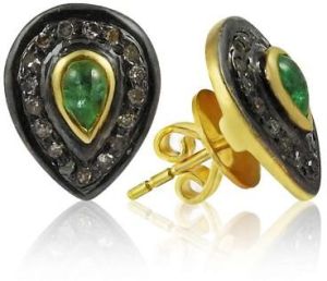925 Sterling Silver Diamond, Emerald Stud Earrings