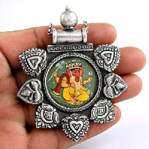 Antique Look Glass Painting Pendant Oxidised 925 Sterling Silver Jewelry