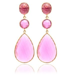 pink tourmuline gold plated dangle earring
