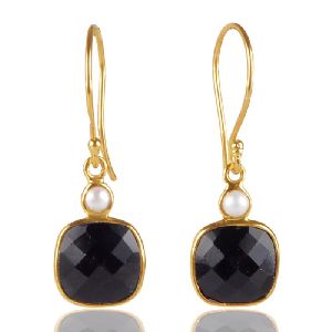 Black Stone And Pearl Gemstone Sterling Silver Earring