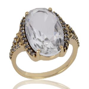 White Clear Gemstone and White Cubic Zirconia Gold Plated Fashion Designer Ring