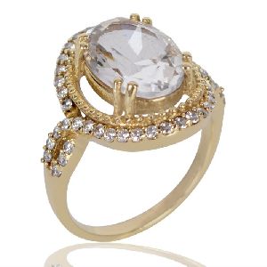 White Clear Gemstone and White Cubic Zirconia Gold Plated Fashion Ring