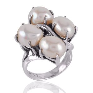 White Pearl Silver Prong Ring