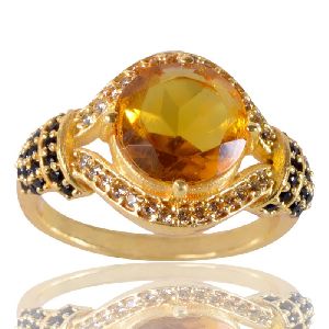 Yellow Gemstone Black Spinal Gemstone And White Cubic Zirconia Gold Plated Brass Ring