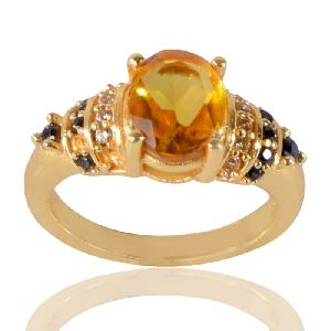 Yellow Gemstone Black Spinal Stone and White Cubic Zirconia Gold Plated Designer Ring