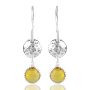 Yellow Quartz Hammered Design Solid Silver Dangle Earring
