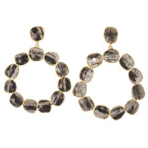 Black Dot Quartz Gemstone Gold Plated Stud Earrings