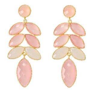 White & Pink Chalcedony Bezel Stud Earrings