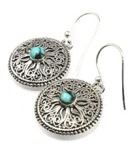 Attractive Round Filigree Shape Turquoise 925 Sterling Silver Earring