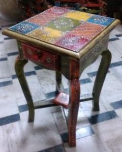 WOODEN HAND PAINTED STOOL WITH DRAWER