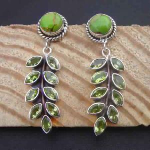 925 STERLING SILVER NATURAL PERIDOT AND TURQUOISE LEAF EARRINGS
