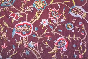 Cotton Crewel Embroidered Fabric Burgundy, Multicolor