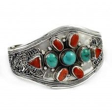 Secret !! 925 Sterling Silver Coral, Turquoise Bangle