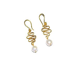 Gold Plated Wire Style And Pearl Dangle Brass Earring