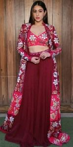 Sara Ali Khan Style Maroon & Pink Plazzo Top with Floor Length Jacket