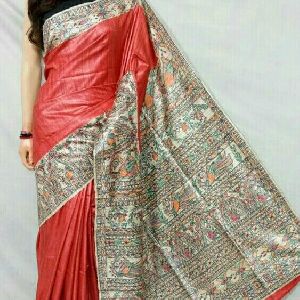 Tussar ghicha with madhubani hand print silk Saree