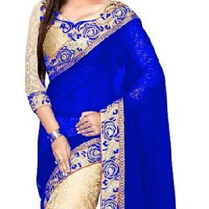 Wedding Embroidered Bollywood Georgette, Net Saree (Multicolor)