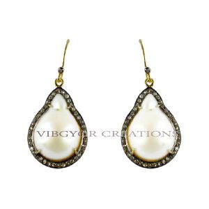 14k Gold Pave Diamond 925 Sterling Silver Gemstone Pearl Earrings Jewelry