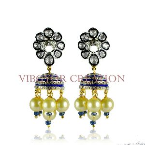 Jhumki Gemstone Pearl Rosecut Diamond Polki 14k Gold 925 Silver Earring Jewelry