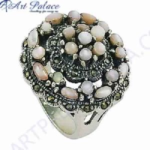 Fastival Wear Gun Metal and Pearl Silver Marcasite Ring