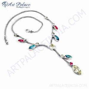 Pretty Blue and White and Pink Zirconia Gemstone Silver Necklace