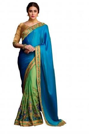 Stylee Lifestyle Green Satin Embroidered Saree