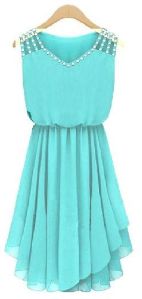 Diamond Button V neck High Low Dress Turq