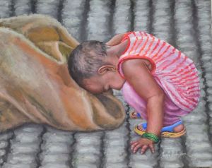 Child Playing with Sackbag, Oil Paintings