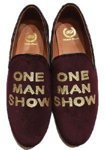 Faux Leather Golden Thread Wine Slip Ons