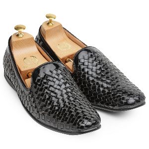 Patent Black Woven Moccasins