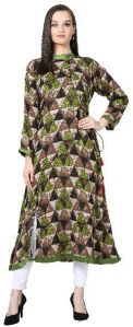 Angrakha Style Printed A-Line Rayon Green Kurti