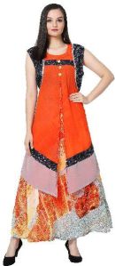 Printed Georgette Orange Kurti