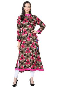 Angrakha Style Printed A-Line Rayon Pink Kurti