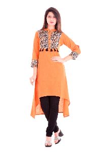 Slub Printed High Low Hemline Kurti