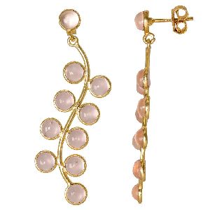 Rose Quartz Cab Round Stud Drop Earring Bezel Jewelry