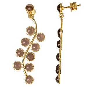 Smokey Quartz Cab Round Stud Drop Earring Bezel Jewelry