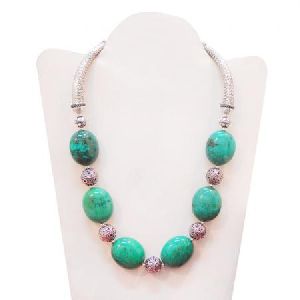 925 STERLING SILVER GREEN TURQUOISE BEADS ANTIQUE LOOK NECKLACE