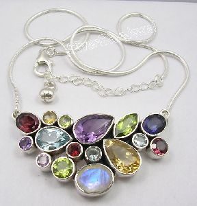 Solid Silver MULTI GEMSTONES Snake Chain Necklace