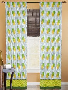 White-Green-Yellow Cotton Hand-Block Printed Curtain