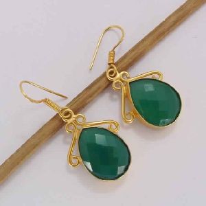 18k Gold Plated Green Onyx May Birthstone Drop Earrings