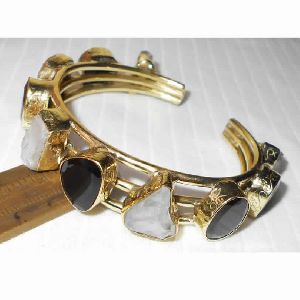 Black Onyx and Crystal Quartz Gemstone Cuff Bracelet