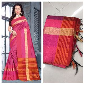 Pink Raw Silk Saree with Contrast Blouse