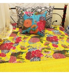 Yellow Floral Kantha Quilt