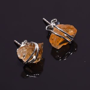 925 Sterling Silver Raw Citrine Gemstone Wire Wrapped Stud Earrings Supplier