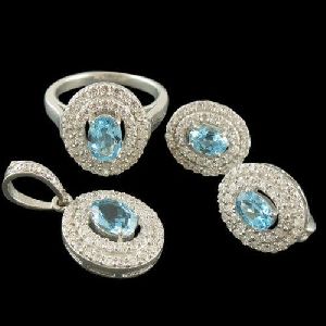 92.5 Sterling Silver Blue Topaz Wedding Four Sets Rhodium Earrings Pendant